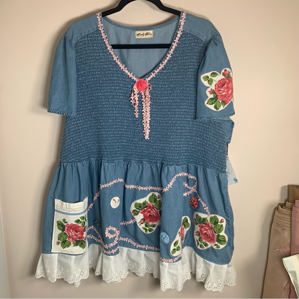 UPCYCLED Denim Shirred Rose Bohemian Top